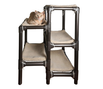 Walnut Frame Cat Tower shown with pads on several tiers and a cat resting on one tier