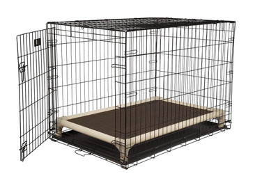 Almond Frame Crate Bed inside of a Dog Crate with the crate door open