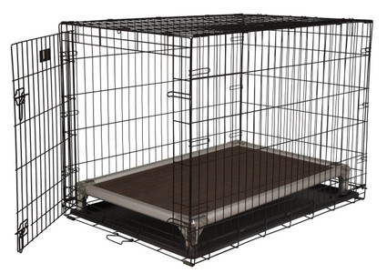 Silver Aluminum Crate Bed inside of a Dog Crate with the crate door open