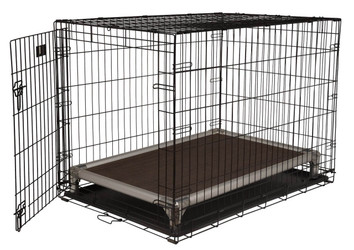 Silver Aluminum Crate Bed inside of a Dog Crate with the crate door open