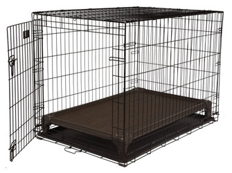 Walnut Frame Crate Bed inside of a Dog Crate with the crate door open