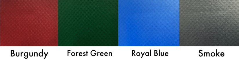 Fabric swatches showing color examples for Heavy Duty Vinyl fabric, text on images reads Burgundy, Forest Green, Royal Blue, Smoke